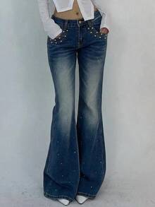 DAZY Women's Casual Versatile Denim Flare Pants With Pockets - Blue - View 2