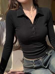 DAZY 女款領口短袖修身內搭性感休閒套頭街頭風T恤 - 黑色 - 查看 4
