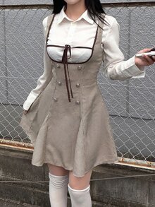 FRIFUL Women's Low-Cut Double-Row Denim Design Casual Suspenders Short Dress - Khaki - View 2