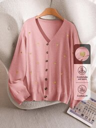 CosyJoli Women's Plus Size Heart Embroidery Basic Cardigan Winter Fall