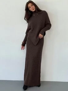 Aloruh Burgundy Knitted 2pcs Set New Autumn - Coffee Brown - View 1