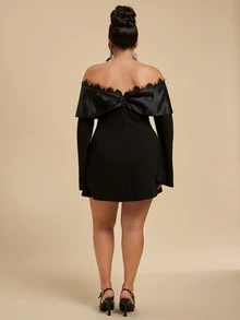 SHEIN BAE CURVE فستان نسائي مقاس كبير باللون الأسود بأكمام قصيرة وأكمام طويلة - الأسود - مشاهدة 7