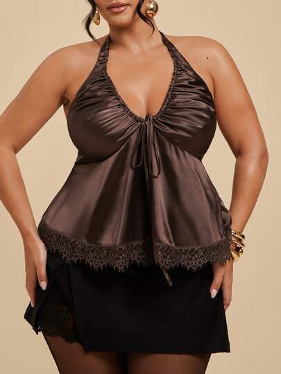 SHEIN BAE CURVE Top Halter com Amarração e Patchwork de Renda Marrom para Mulheres Plus Size