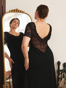 Côtesoire Plus Size Women's French Elegant Lace Long Nightgown - Black - View 4