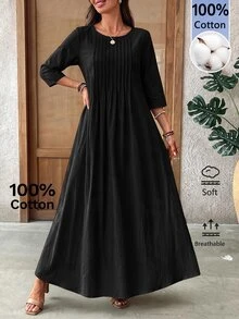 EMERY ROSE Women's Solid Color Round Neck Pleated Design Casual Boho Loose Long Dress Vacation Black Fall Vacation Vacation - Black - View 6