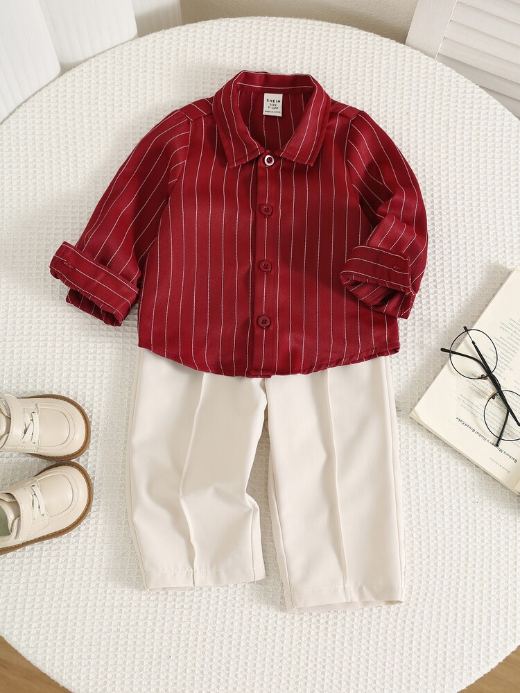 SHEIN Baby Boy Toddler 2pcs Autumn/Winter Casual Fashion Burgundy Striped Shirt Set, Baby Winter Outfit, Christmas - Burgundy - View 1