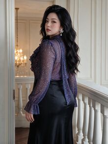 Vibekara Halter Neck Ribbon Sequin Blouse, Ruffle V-Neck Glitter Sheer Long Sleeve Party Top - Purple - View 7