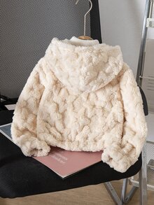 SHEIN 女童秋冬休閒杏色毛絨短夾克，前拉鍊開襟，提花愛心與條紋設計，可愛連帽開襟衫 - 杏色 - 查看 2