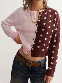 Bohemela Women's Patchwork Polka Dot Long Sleeve Single-Breasted Knit Cardigan - Pink - View 1