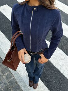 FavEase Women's Autumn Minimalist Slim Fit Street Style Stand Collar Long Sleeve Jacket - Navy Blue - View 4