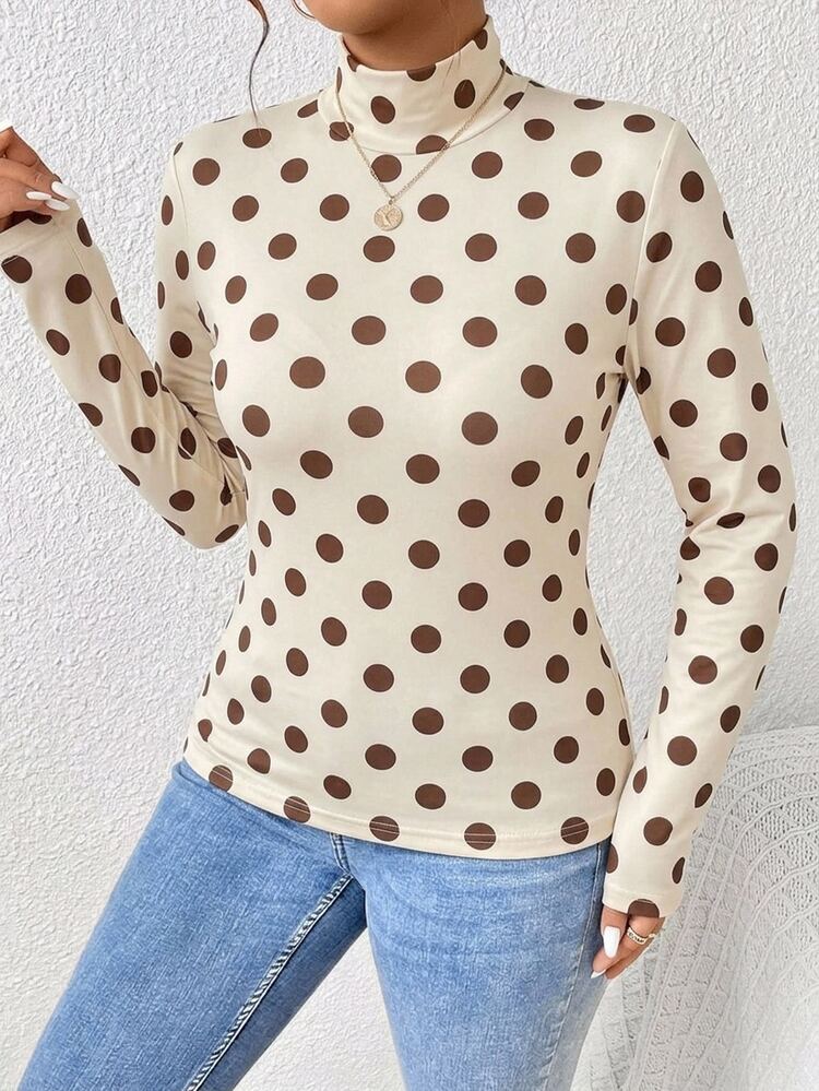Lounesse Plus Size Polka Dot High Neck Long Sleeve T-Shirt - Slim Fit, Soft Fabric, Minimalist Design, Double Layer Thickened, Suitable For Winter Workplace And Formal Occasions - Multicolor - View 3
