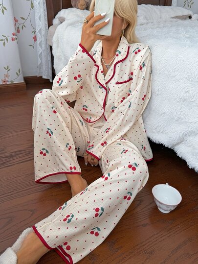 CottageSlumber Romantic Pastoral Bubble Crinkle Apricot Base Polka Dot Cherry Cute Collar Long Sleeve Long Pants Women's Pajama Set