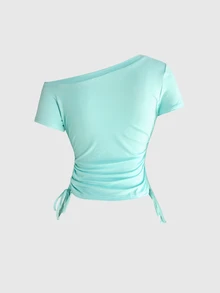 ROMWE Avant Women's Letter Print Asymmetrical Shoulder Casual Daily T-Shirt - Mint Green - View 2