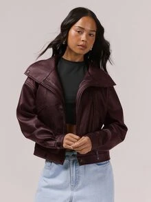 MUSERA Fitted High Neck Asymmetric Popper Biker Jacket Night Out Winter Back To School Everyday Outerwear Party Elegant Evening Spring Day Fall Autumn - Burgundy - View 1