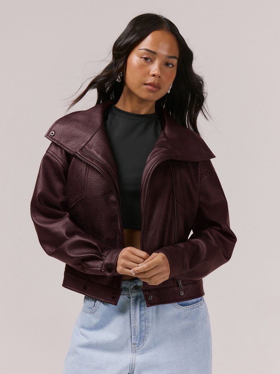 MUSERA Fitted High Neck Asymmetric Popper Biker Jacket Night Out Winter Back To School Everyday Outerwear Party Elegant Evening Spring Day Fall Autumn - Burgundy - View 1
