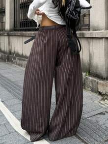 Coolane 女款秋冬波西米亞風商務休閒度假街頭辦公室穿搭外出復古棕色條紋寬鬆寬腿長褲 - 棕色 - 查看 6