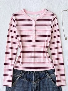 SHEIN 青少年女孩鈕扣半開襟條紋長袖休閒T恤 - 彩色 - 查看 3