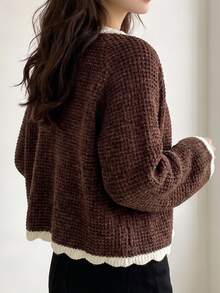 INAWLY Women's Thick Textured Short Knit Cardigan, Contrast Color Ruffle Bowknot Long Sleeve Loose Short Sweater Jacket - Coffee Brown - View 2