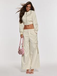 Opulessa Fall/Winter Women's Solid Color Long Sleeve Zipper Front Cropped Baseball Jacket And Cargo Wide Leg Pants Casual 2 Pieces Set - Apricot - View 1