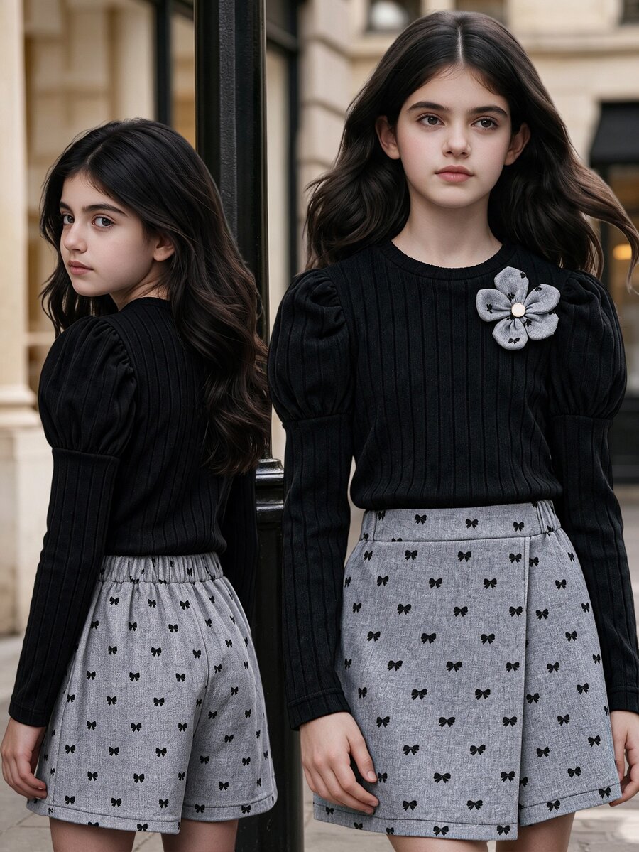 SHEIN Tween Girls Puff Long Sleeve Flower Top And Bow Print Shorts Two Pieces Set - Multicolor - View 1