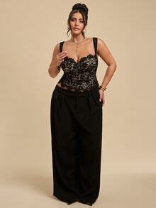 SHEIN BAE CURVE Plus Size Women Sexy Lace Tank Top For Date & Vacation - Black - View 4