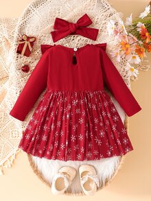 SHEIN Playful Pals Infant Girl Burgundy Ruffle Trim Ribbed Stripe & Snowflake Mesh Patchwork Dress & Headband 2pcs Set - Burgundy - View 2