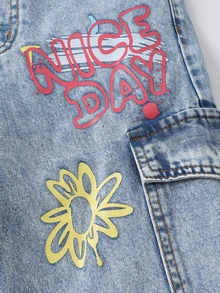 SHEIN Tween Girls Graffiti Heart Letter Print Y2K Style Light Blue Printed Simple Casual Loose Wide Leg Distressed Ripped Vintage Washed Denim Jeans - Blue - View 6