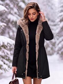 Editum Women's Solid Color Long Sleeve Zipper Front Thermal Lined Hooded Winter Jacket - Black - View 10