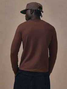 Musero Asymetric Long Sleeve Waffle Top Crew Neckline Autum Winter Essentials - Brown - View 4