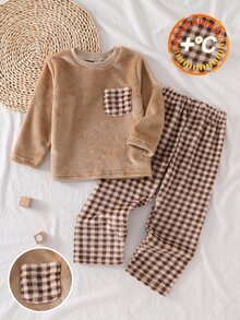 Genkimix Kids 男童灰色毛絨格紋長袖上衣與長褲休閒舒適兩件式居家服套裝 - 卡其色 - 查看 4
