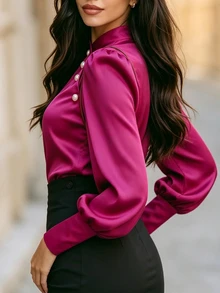 RosyDaze Women's Solid Color Faux Pearl Button Design Long Sleeve Elegant Blouse - Hot Pink - View 2