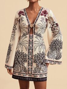 Travachic Women's Vacation Palm Tree Pattern Metal 3D Flower Decor Bell Sleeve Fashion Mini Dress - Multicolor - View 4