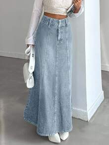 SHEIN Tall Tall High Waist Casual Style Light Blue Wash Regular Fit Double Button Long Denim Skirt - Light Wash - View 2