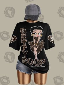 Betty Boop x SHEIN 女款字母卡通圖案休閒日常短袖T恤 - 白色 - 查看 4