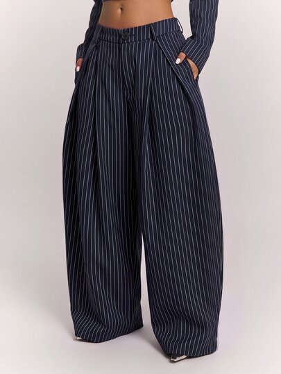 SHEIN BAE Women's Fashion Navy Blue Pleated Loose Curved Leg Pants, Commute Office Business Wear, Casual Streetwear Summer
