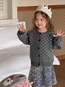 DAZY Infant/Toddler (Girl) Heart Print Long Sleeve Cardigan, Autumn/Winter - Grey - View 6
