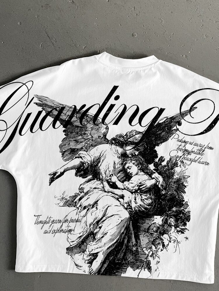 Salvezio American Retro Angel Cursive English Font Layout Fashion Print Men's Standard Size Cropped Loose Fit Batwing Sleeve Short Sleeve T-Shirt - White - View 2