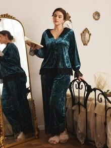 Côtesoire South French Elegant Mature Diamond Velvet & Lace Patchwork Open Front Plus Size Pajama Set - Dark Green - View 1