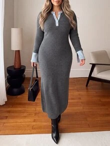 Vionelle Plus Size Autumn/Winter Fitted Knit Long Dress, Colorblock Round Neck Half-Button Flare Sleeve Bodycon Sweater Dress Formal Holiday Grey Casual Baggy - Grey - View 4