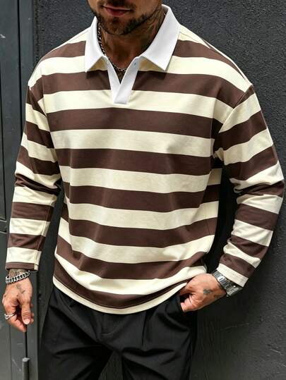 Manfinity Dauomo Casual Men's Striped Long Sleeve Commuter Polo Shirt