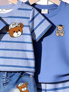 小男孩 3 件組上衣套裝 可愛恐龍熊條紋圖案短袖 T-shirt 多件組 - 彩色 - 查看 4