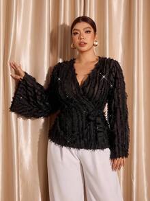 Cravure Plus Size Women's Fashion Elegant Best Friend Party Lace Asymmetric Hem Simple Inner Layer Long Sleeve Top - Black - View 1