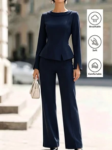 SHEIN Women's Professional 2 Pieces Set, Elegant Top Paired With Slim Fit Suit Pants, Solid Color Minimalist Design, Sophisticated Formal Style, Suitable For Office Commute, Business Meetings, Formal Occasions - Blue - View 6
