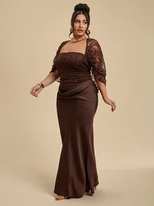 SHEIN BAE CURVE Plus Size Women Brown Lace Dress - Brown - View 6