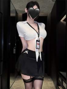 Dansine Sexy Lace Trim Short Sleeve Cropped Secretary Cosplay Uniform Student Outfit Lingerie Set - Black and White - View 1