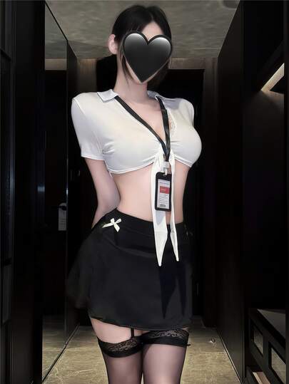 Dansine Conjunto de lencería sexy con ribete de encaje, manga corta, corto, disfraz de secretaria, uniforme de estudiante