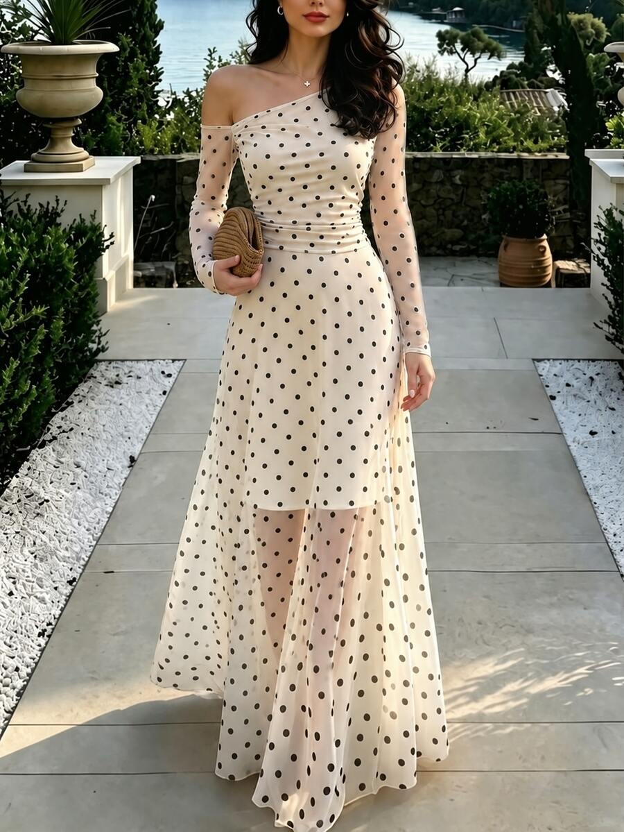 SHEIN PariChic Women's Fashion Polka Dot Asymmetrical Shoulder Mesh Long Sleeve Ruched Waist Flared Slimming Long Dress, Suitable For Party, Date, Dinner, Vacation - Apricot - View 1