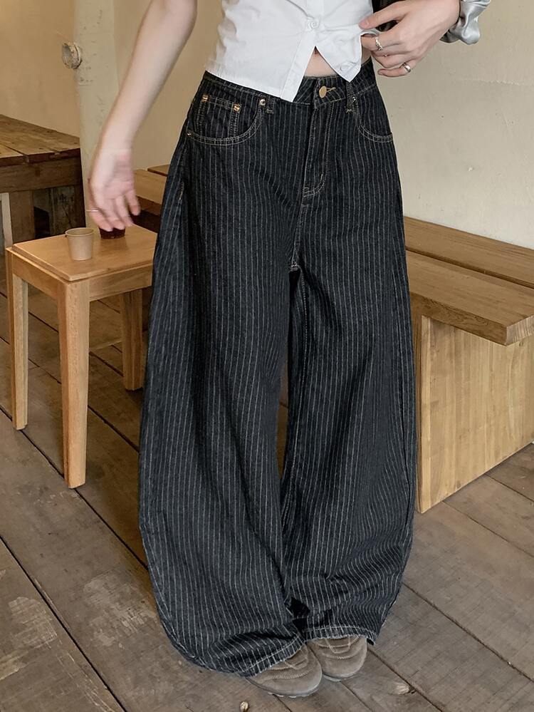 DAZY Women's Striped Korean Style Casual Loose Fit Denim Jeans - Black - View 4