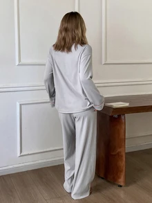 DAZY Women's Colorblock Long Sleeve Top And Pants Casual Daily Home Sleepwear Set - Light Grey - View 2