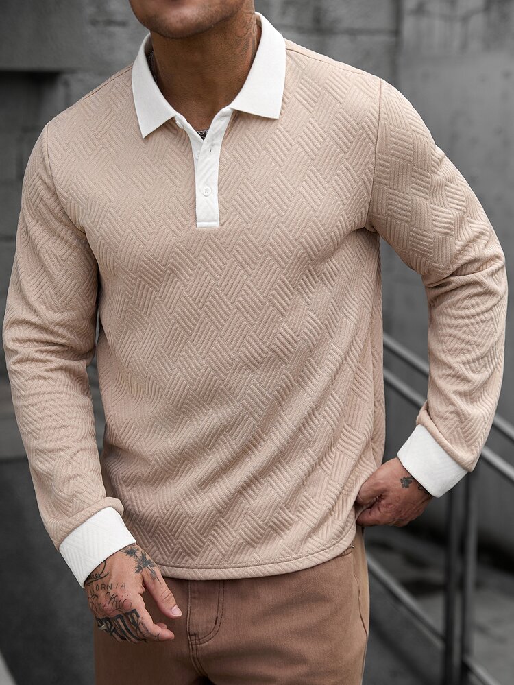 Manfinity CasualCool Men's Colorblock Long Sleeve Polo Collar Dress Shirt, Casual Fashion Daily Wear, Commute, Suitable For Autumn, Ceremonial Occasions, White Long Sleeve Polo Shirt, Men's Polo Shirt, Textured Jacquard Fabric, Textured Polo, Turn-Down Collar Polo, Spring/Autumn Men's Clothing, Light Color Luxury Mature Decorative Light Business - Apricot - View 1